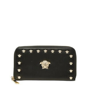 Versace Medusa Round Zip Long Wallet, Black Leather, Women's
